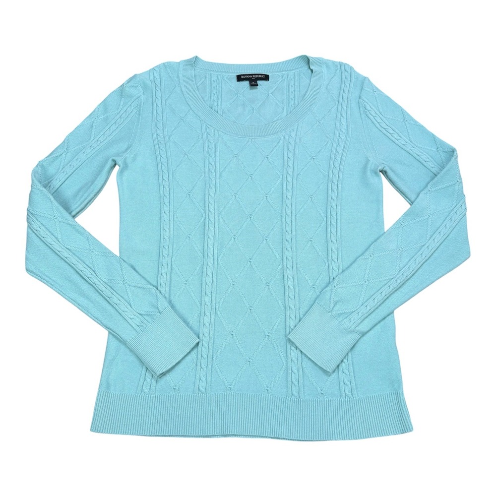 Banana Republic Womens Small Aqua Blue Cable Knit Diamond Pointelle Sweater
